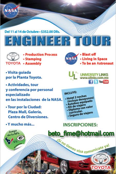 Viaje para estudiante de ingenieria en octubre toyota- nasa a quien le interes mande su nombre completo al correo se les enviara todo la info